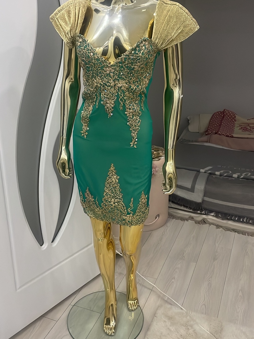 Emerald Green Mini Dress with Gold Appliqué